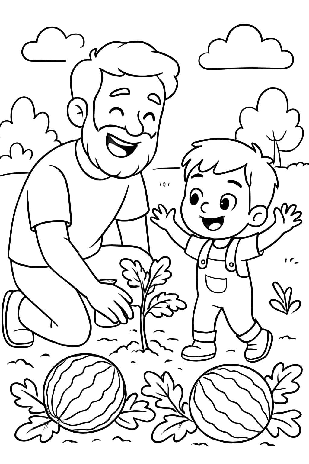 Vater mit Bart und 3-jährigem Sohn, der Wassermelonen pflanzt.