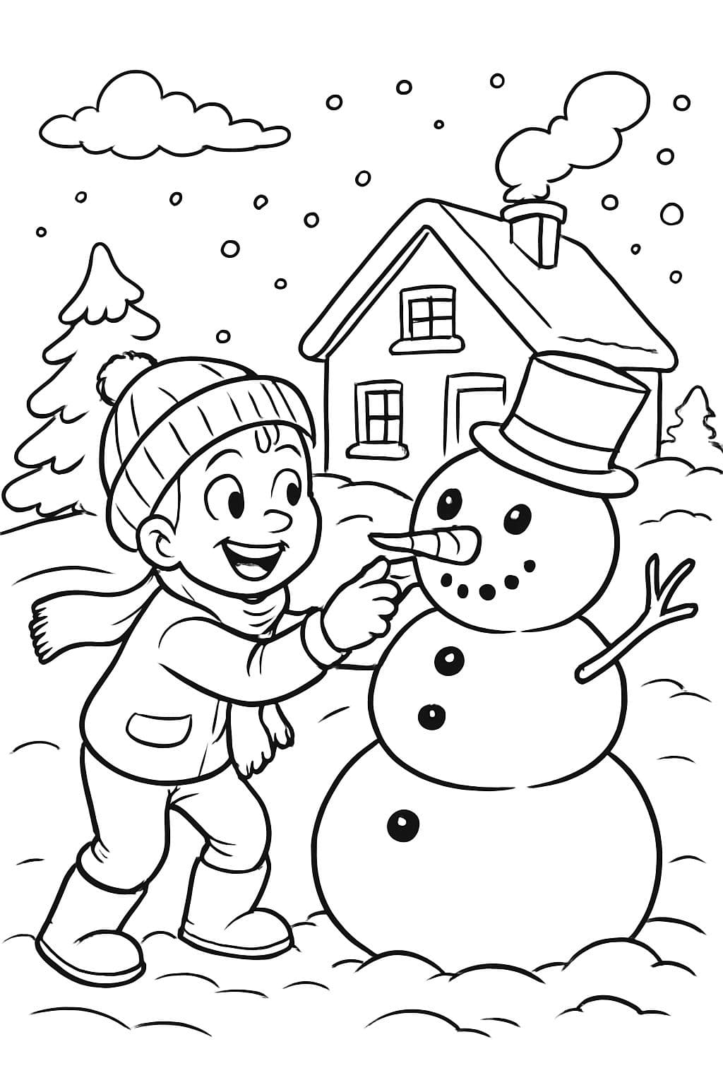 construindo um boneco de neve com um nariz de cenoura na frente da casa