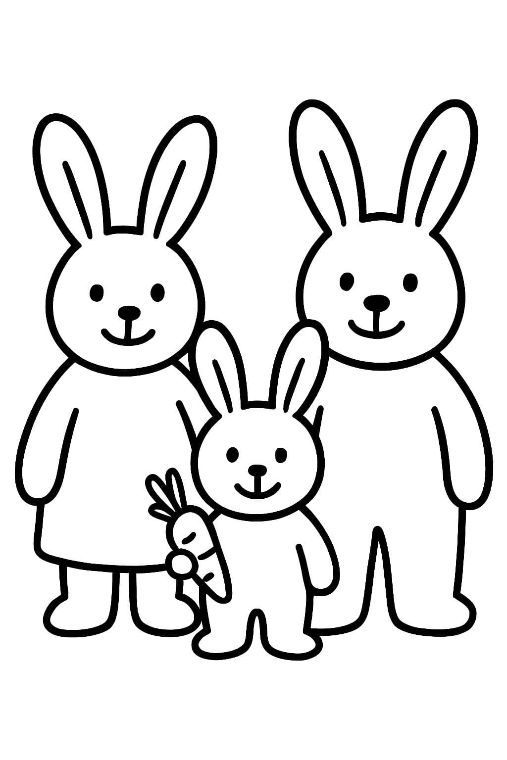 3 conejos, mamá, papá y niño, y el niño tiene una zanahoria en la mano. Todos son rosas.