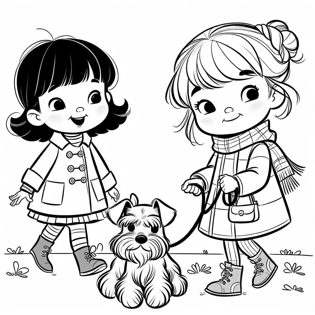 Two little girls walking a miniature schnauzer
