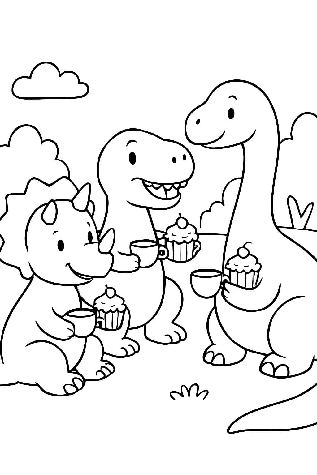 friendly triceratops, t rex and brachiosaurus sipping tea and eating cupcakes