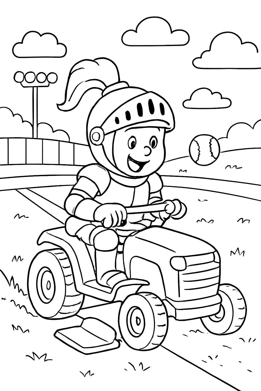Ein Ritter, der auf einem kleinen Traktor sitzt, anstatt auf einem Pferd, und ein Baseballfeld mäht.