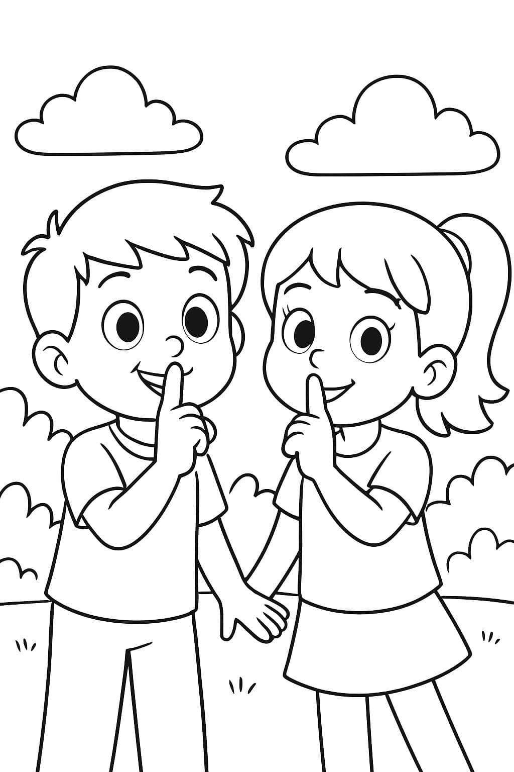 Un niño y una niña hacen un gesto de silencio con el dedo en la boca.