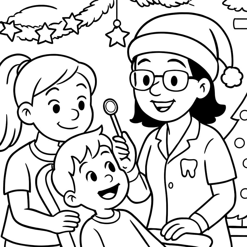 una hermana mayor visita a una dentista amable que lleva un gorro de Navidad con su hermano pequeño, y la consulta está decorada de manera acogedora para Navidad