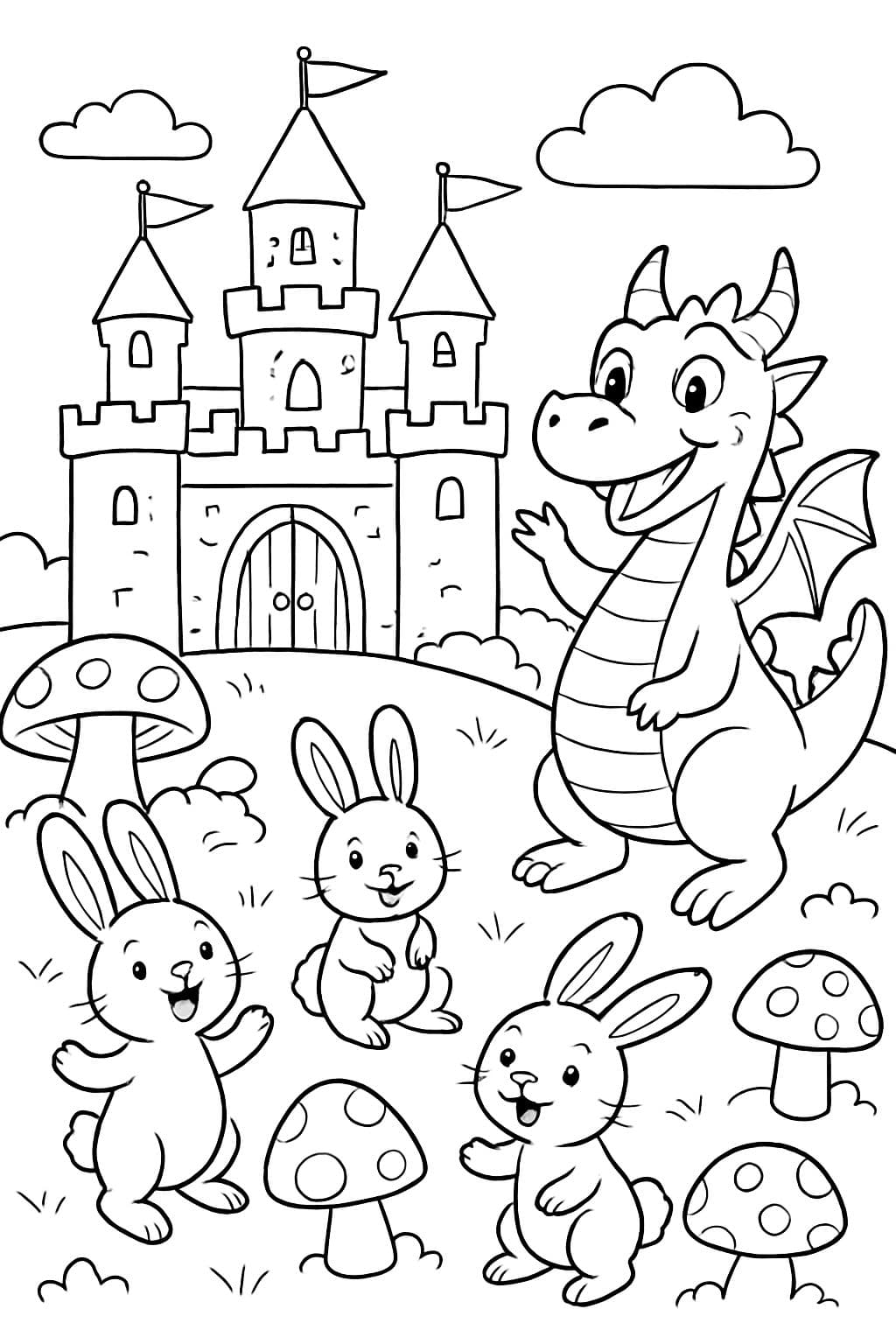 Grand château avec un dragon et des lapins dans un pays de champignons.