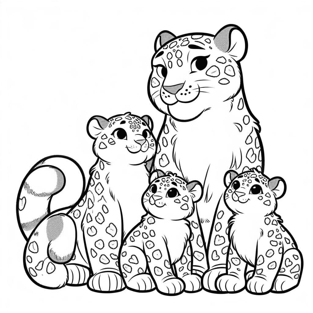 Famille de léopards des neiges maman papa fille bébé au total 4