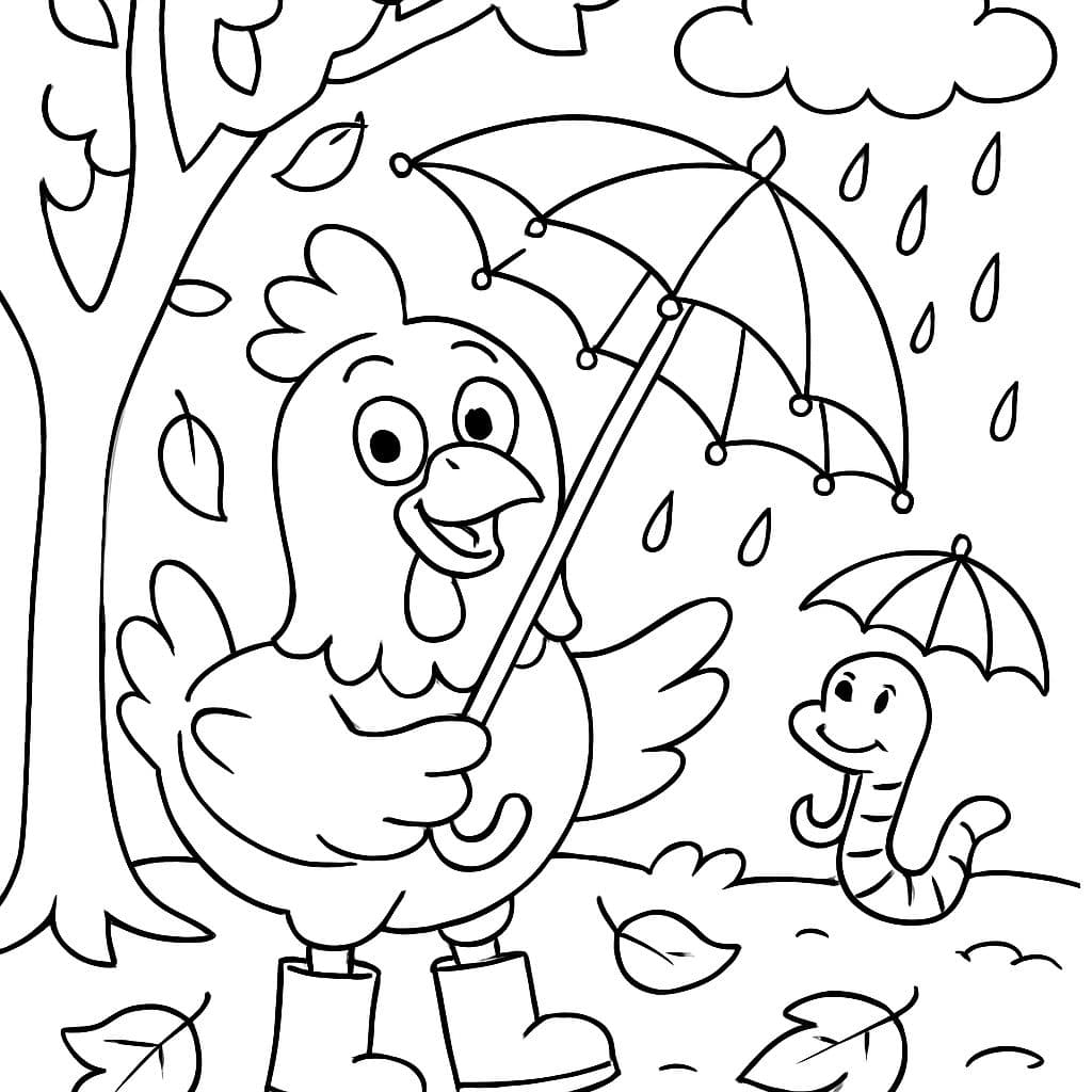 A chicken in rain boots with an umbrella standing under a tree with leaves falling because it's autumn. In the background, a rain cloud and a worm with an umbrella.