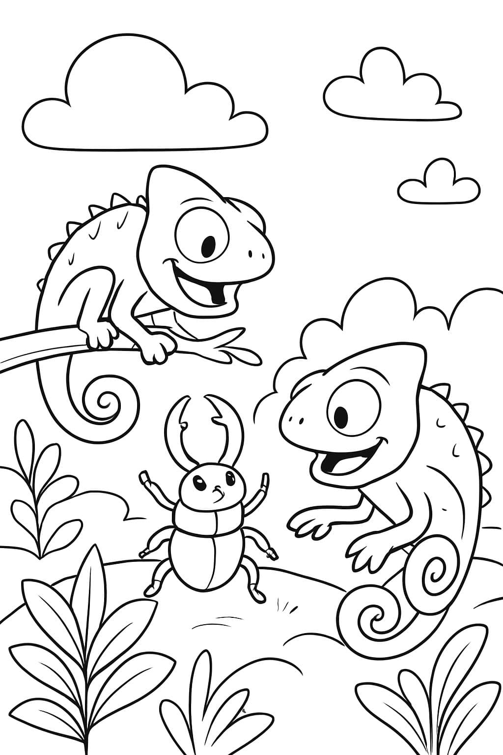 2 Chamäleons die sich mit einem hirschkäfer treffen