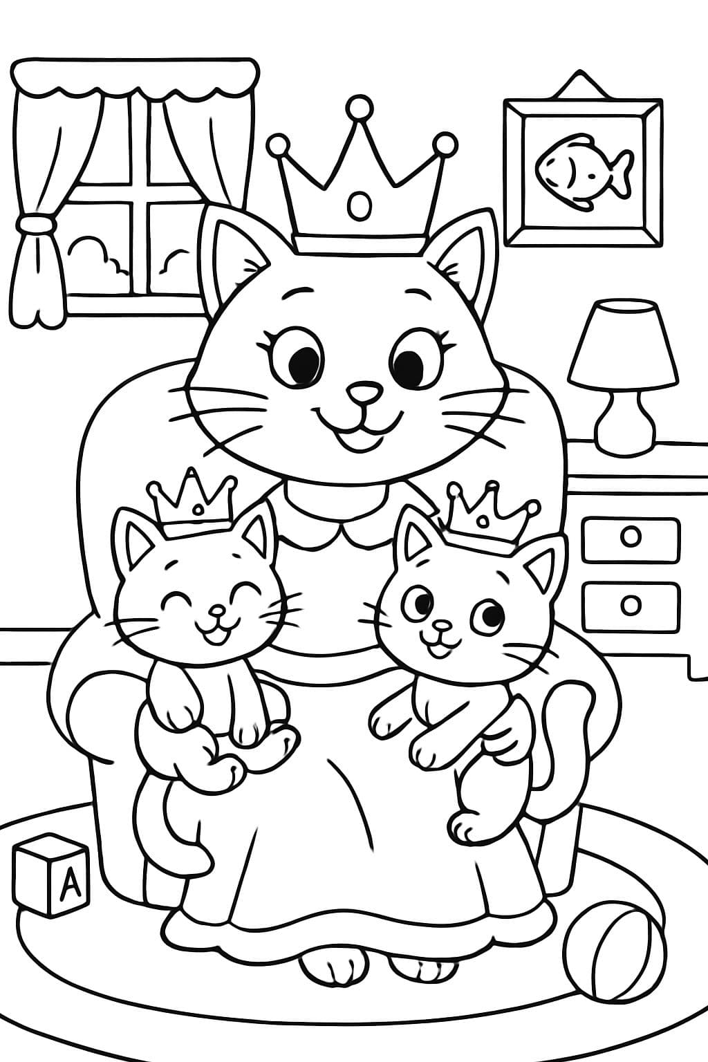 Cat queen with two baby kittens on her lap. They all have crowns on their heads and are in a children's room.