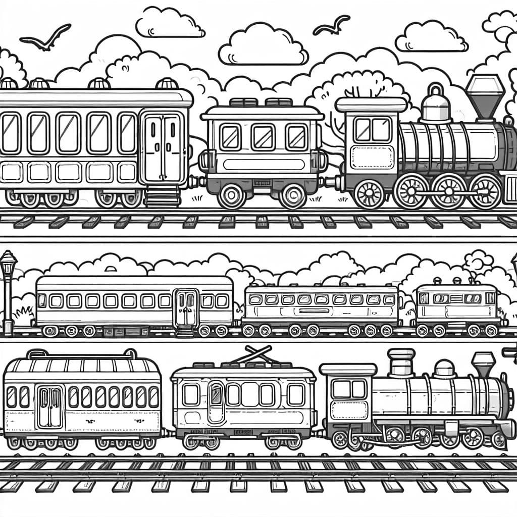 Ein zug mit einem Schlafwagen,  einem ice wagen, einer s-bahn, einer dampflok und einem regionalzug kurz vor einem Bahnhof