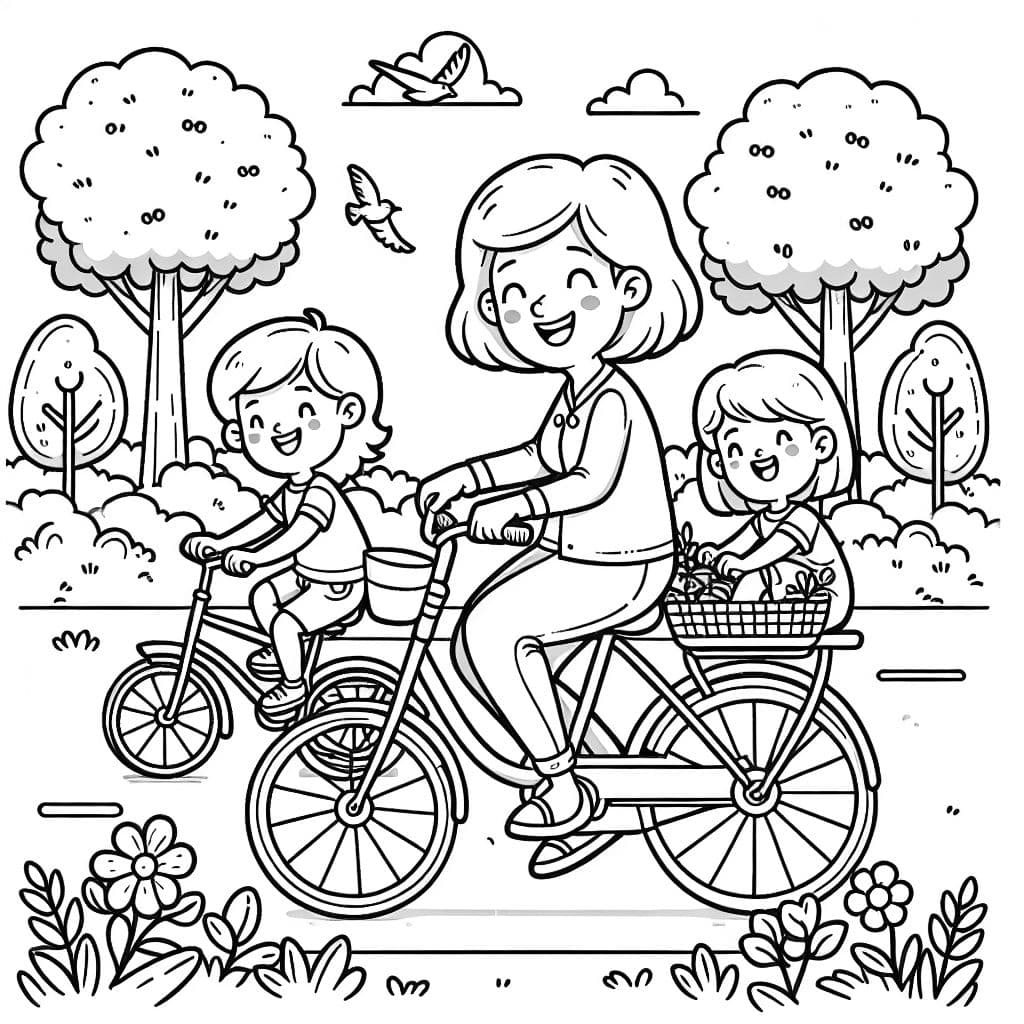 abuela joven con cabello de longitud media en bicicleta con un niño pequeño detrás, niña montando en una bicicleta grande separada