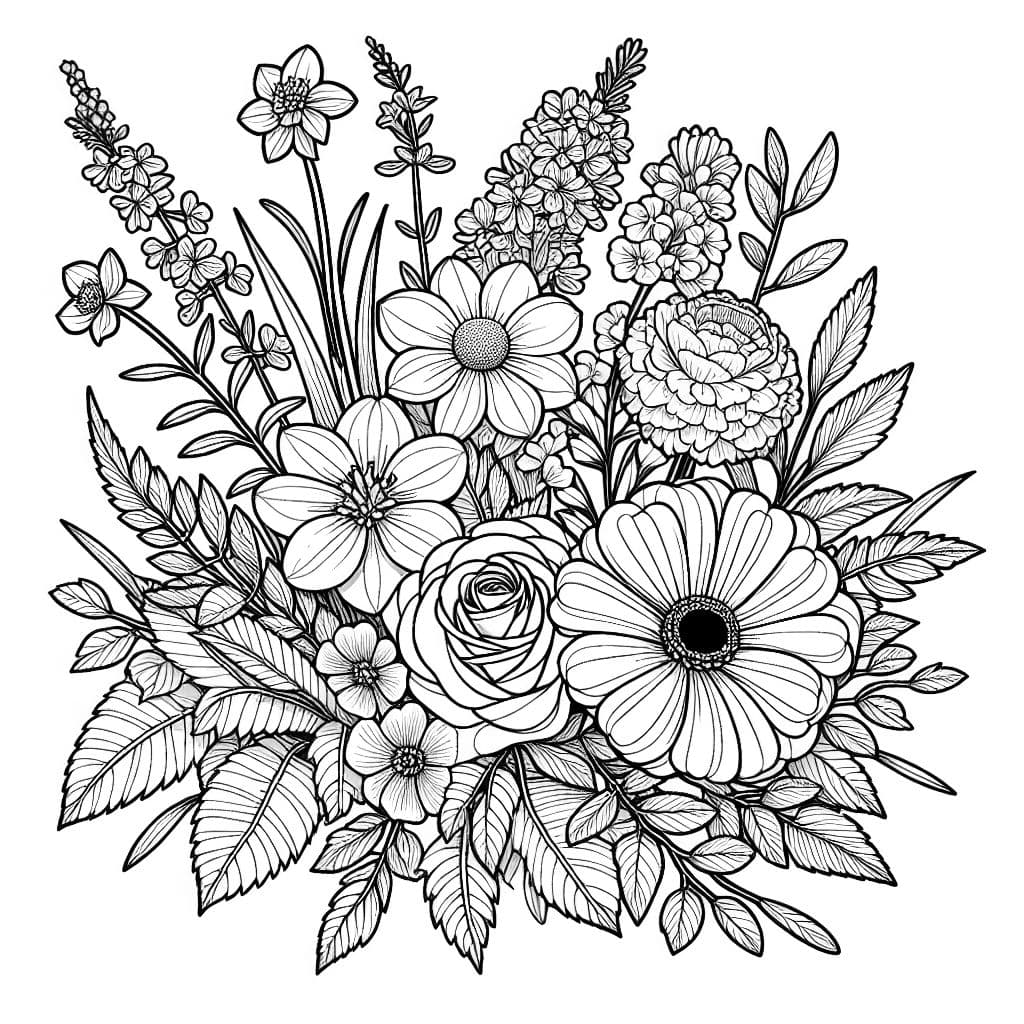 Ein Rittersporn, eine Narzisse, eine Rose, eine Chrysantheme und eine Astern in einem Strauß
