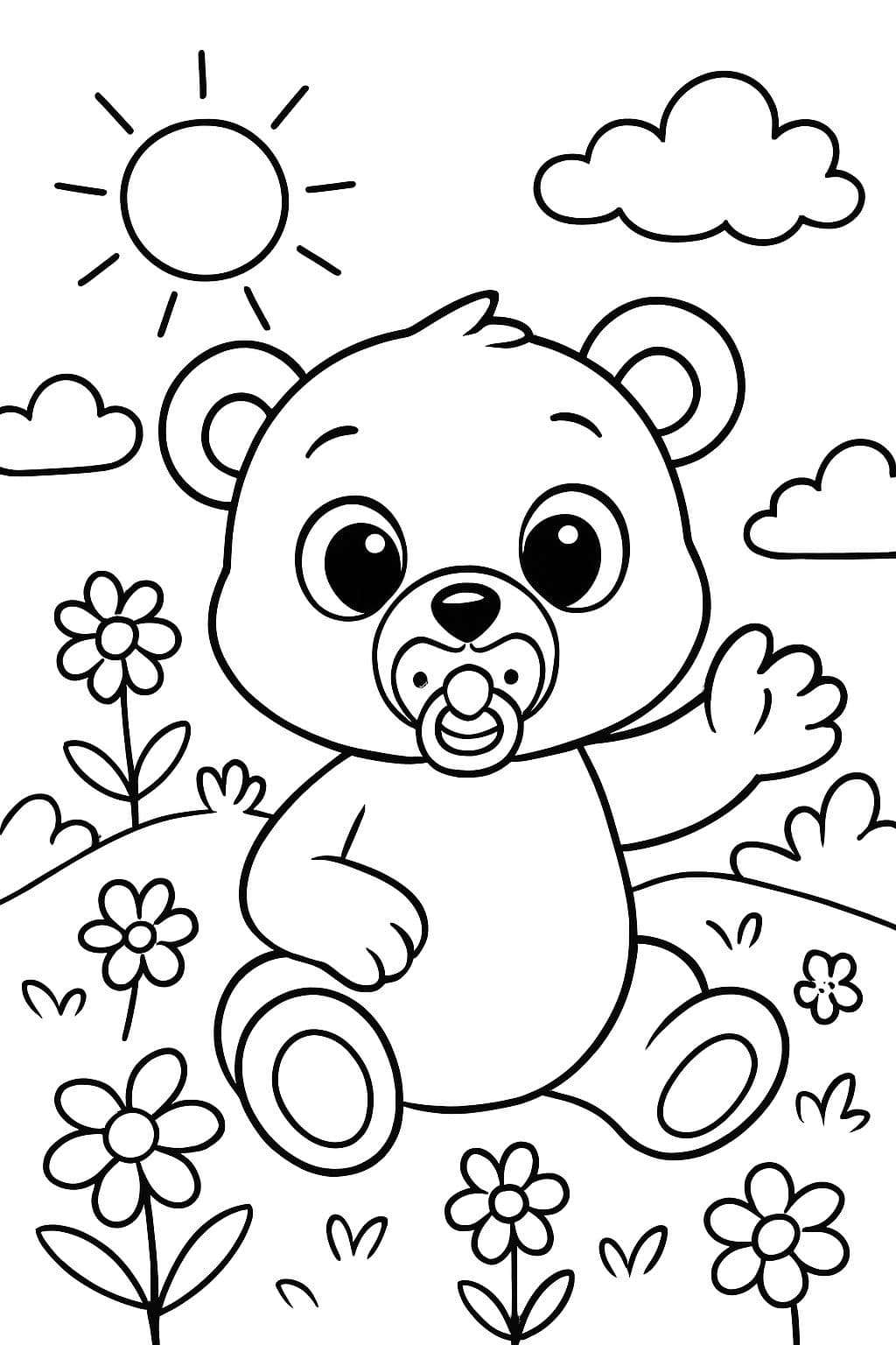 Oso con chupete en un campo de flores con ojos grandes