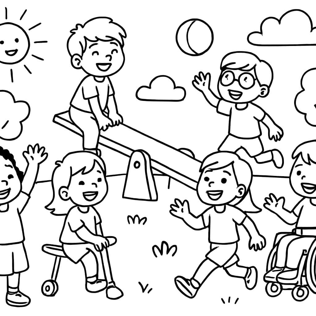 Muchos niños con y sin discapacidades jugando juntos