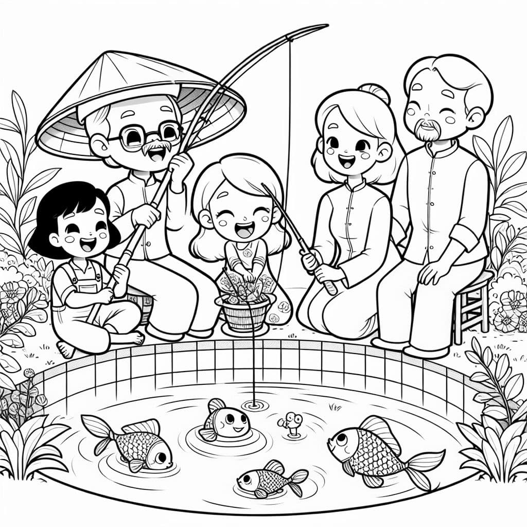 Ein Bild einer vietnamesischen Familie, die in einem kleinen quadratischen Teich fischt. Die Familie umfasst Großeltern, Eltern und zwei kleine Kinder. Eines ist ein größerer Junge, das andere ein kleines Mädchen. Sie sind glücklich, weil sie Fische für das Abendessen gefangen haben.
