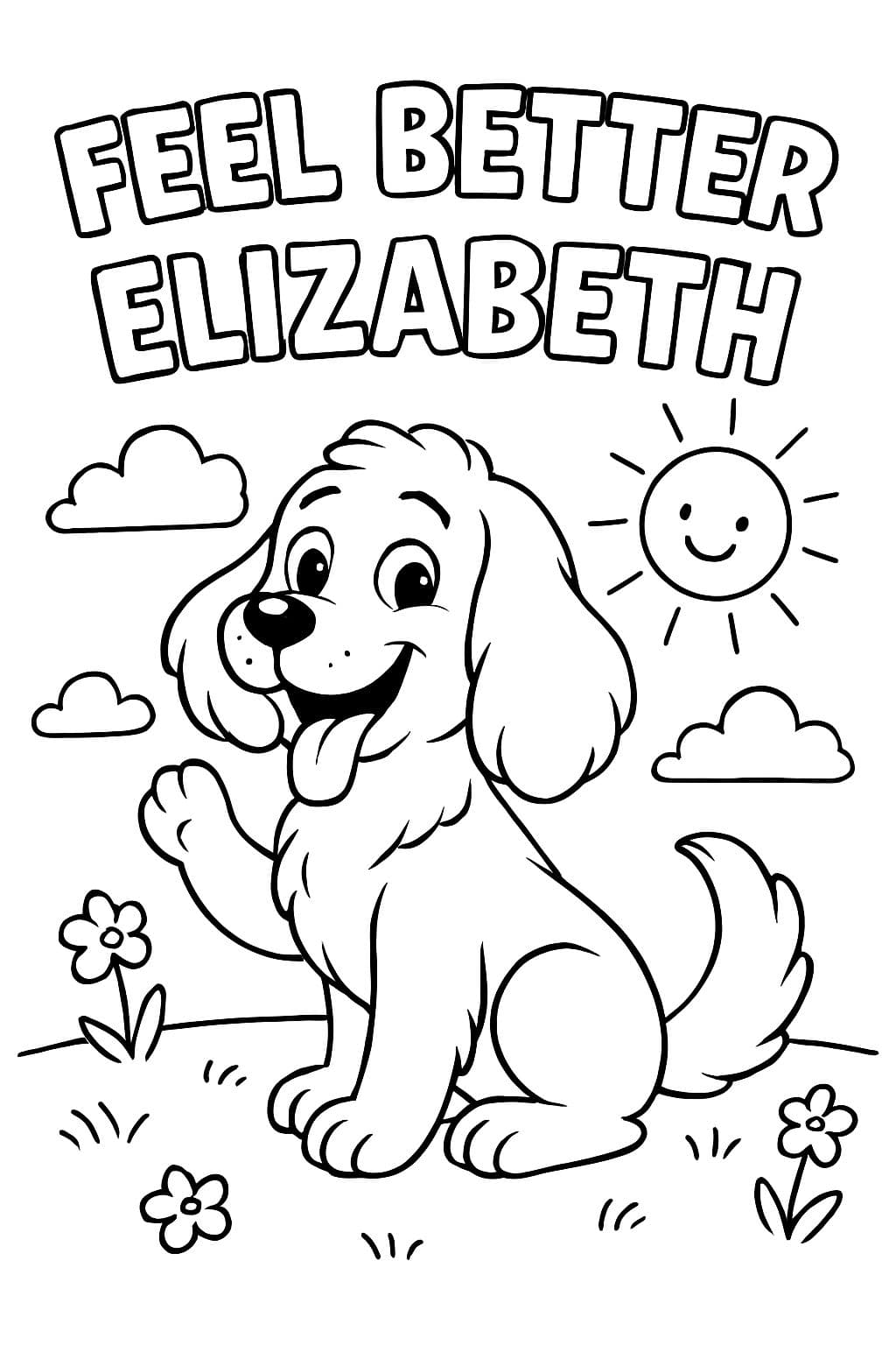 Schöner Hund mit der Aufschrift „Gute Besserung, Elizabeth“