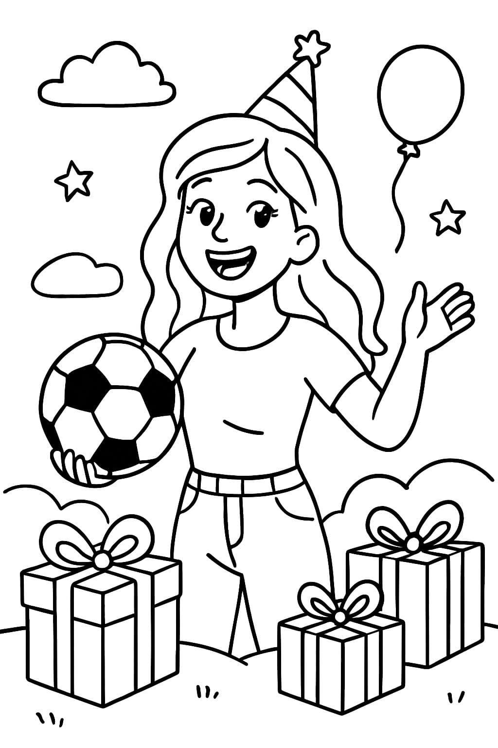eine 18-jährige Frau mit einem Fußball und Geschenken