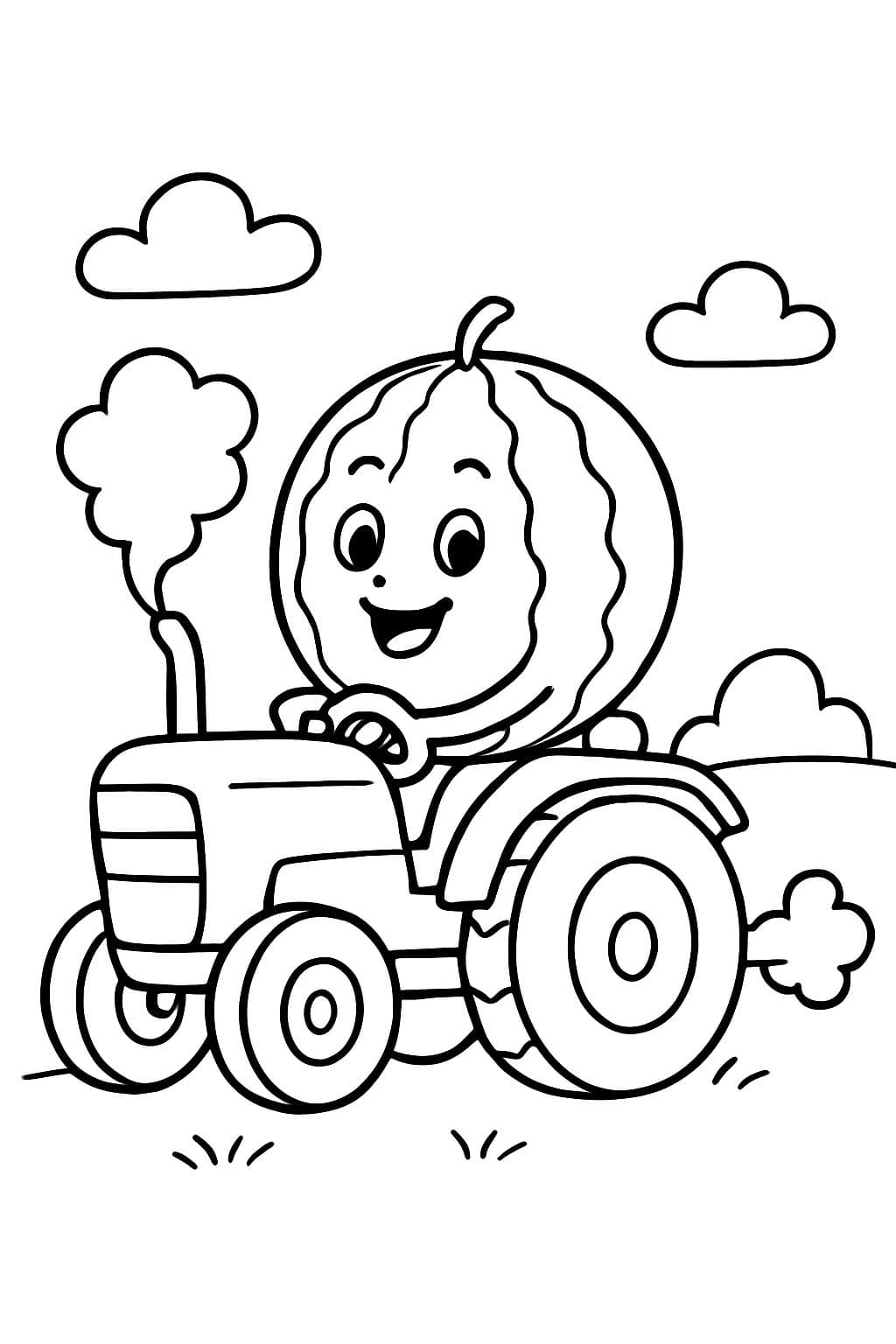 Eine Wassermelone, die einen Traktor fährt, der furzt.