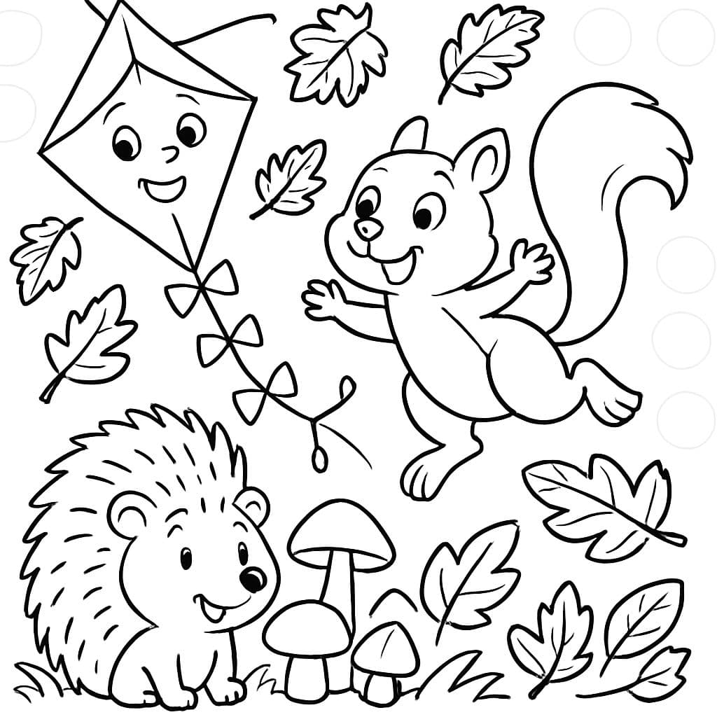autumn picture with dragons, mushrooms, autumn leaves, squirrels, hedgehogs, and 28 white circles
