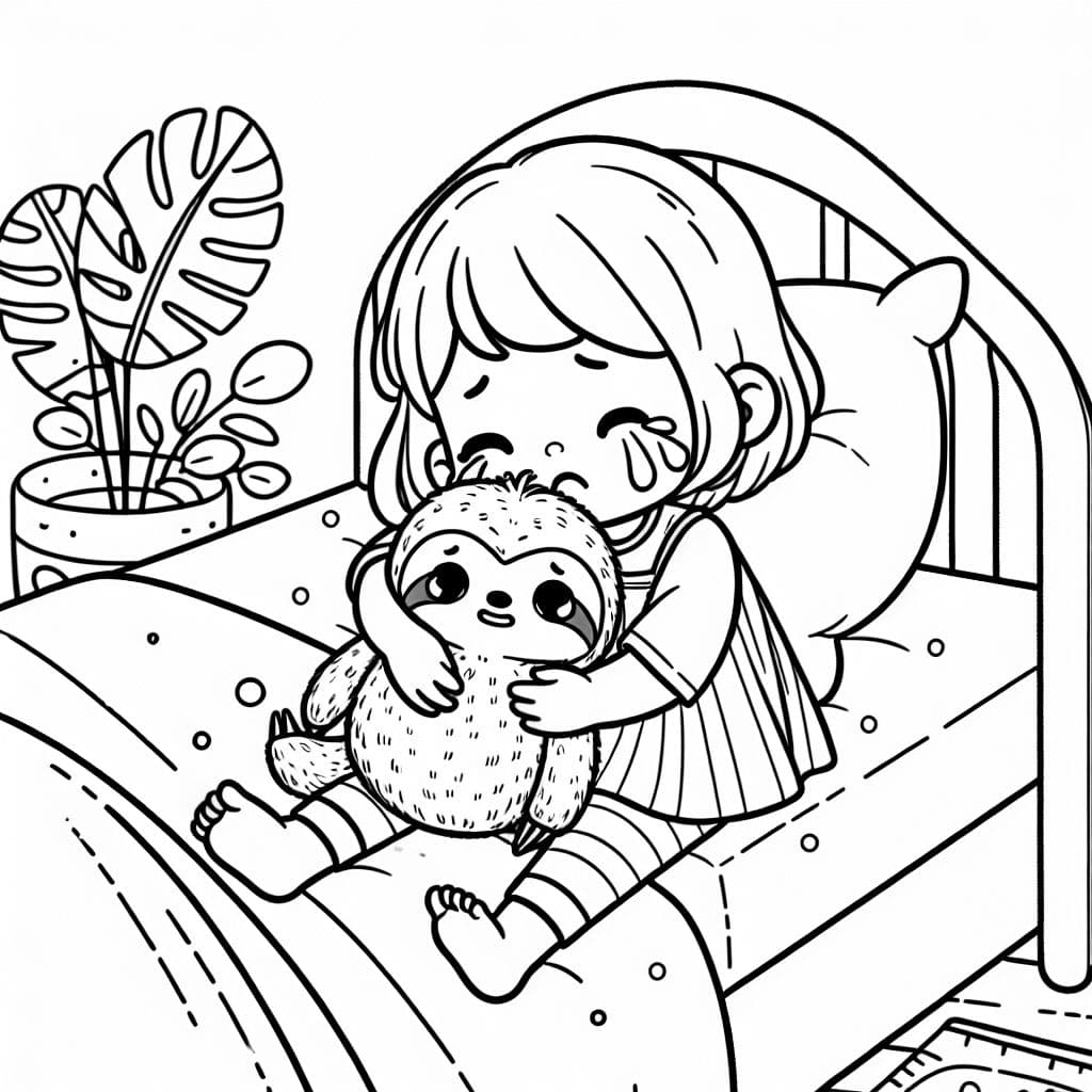 A toddler girl crying, lying in bed with a stuffed sloth toy