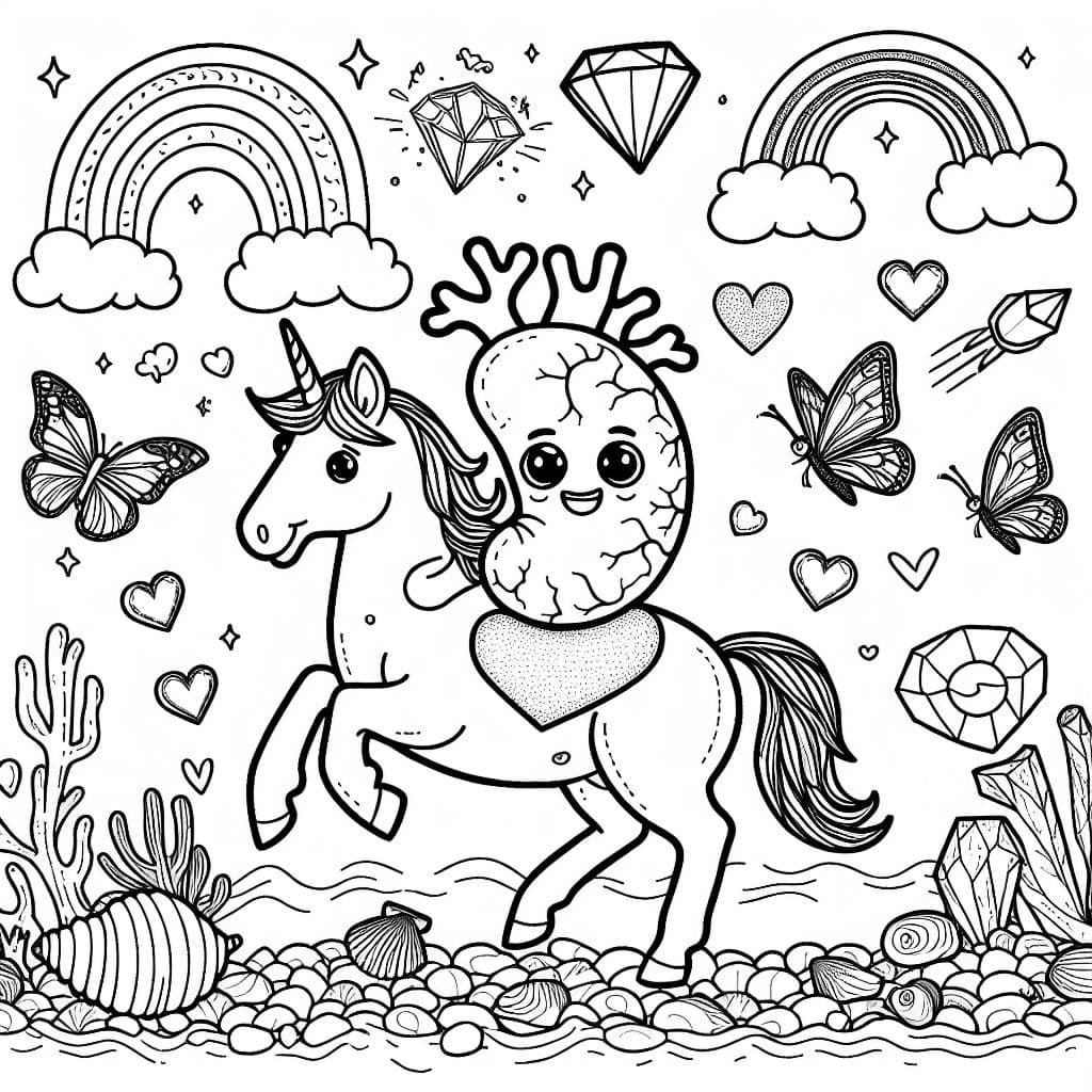 Spleen chevauche une licorne avec un cœur en coquillage, un arc-en-ciel, un papillon, un oiseau et un diamant.