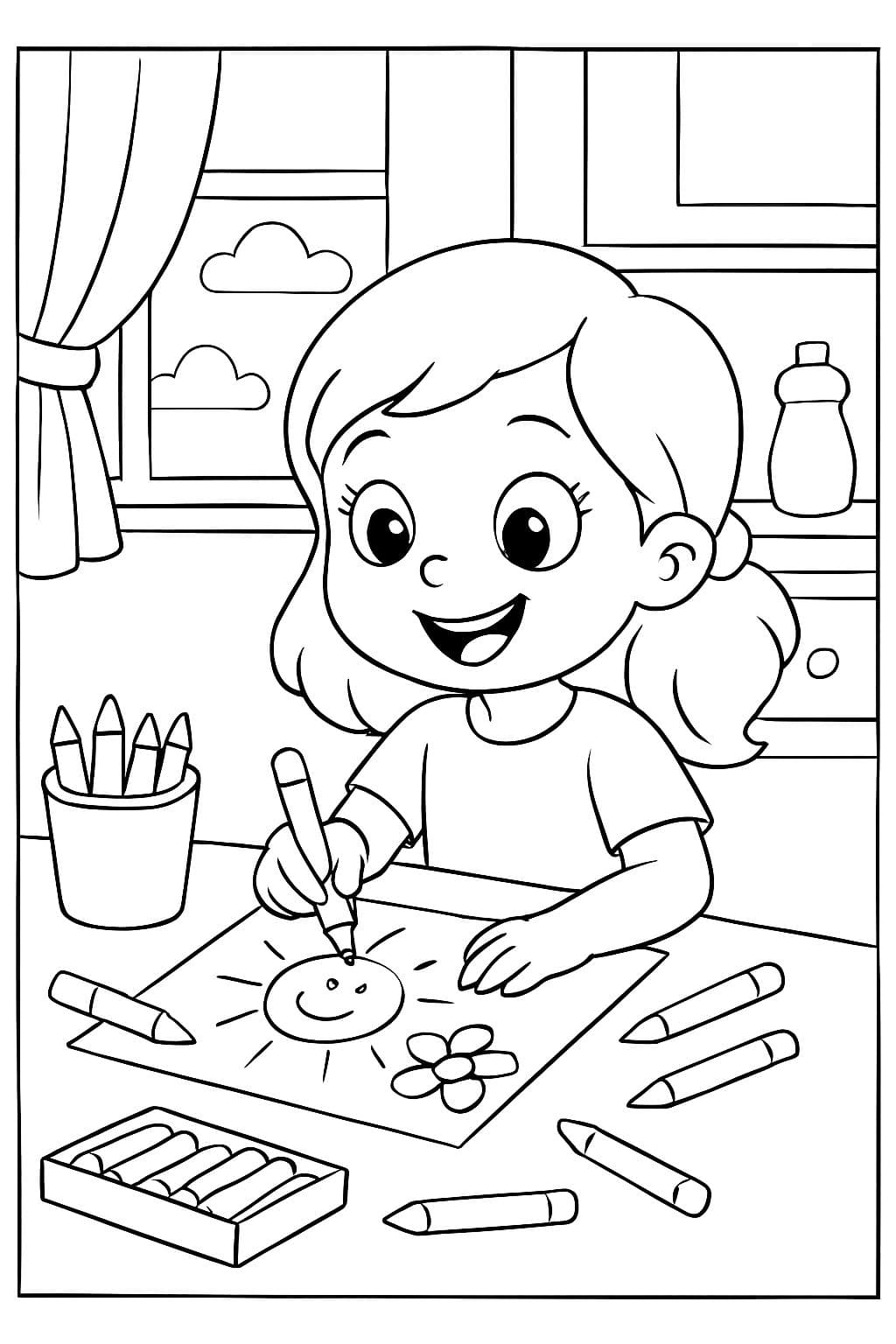 Fille de 6 ans avec de jolis yeux, en train de colorier et de créer de l'art à une table de cuisine. Mettez des fournitures d'art sur la table. Avoir une fenêtre en arrière-plan.