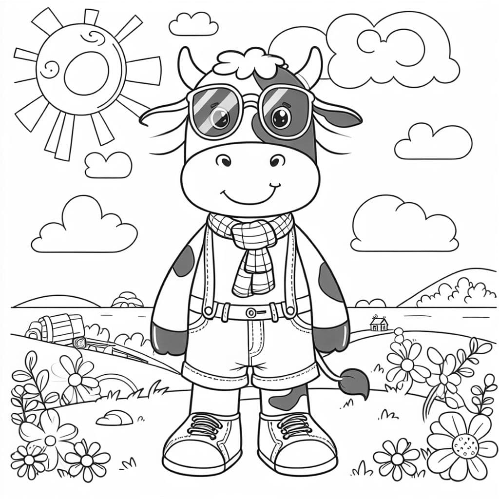 a friendly cow, wearing clothes and sunglasses