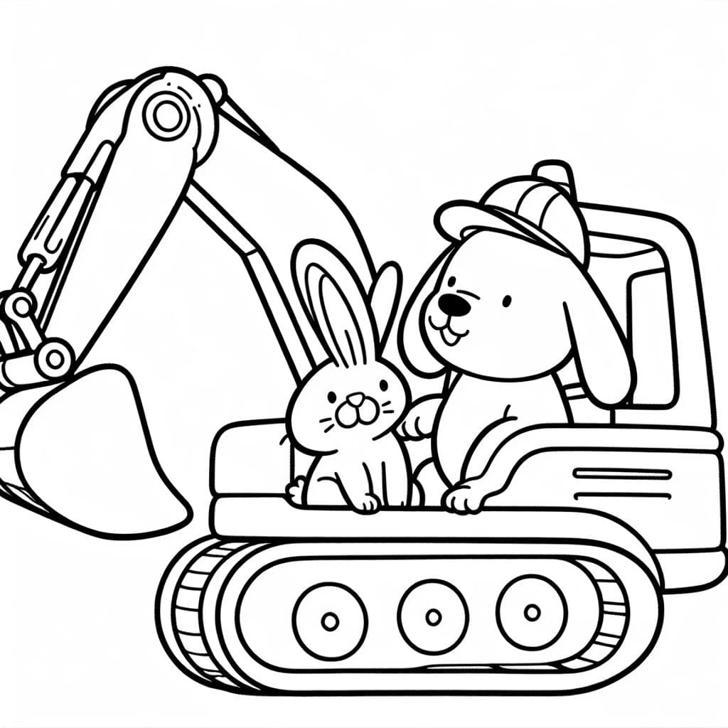 un pequeño conejo y un gran perro en una excavadora. No hay nada visible en el fondo. Solo la excavadora con los animales.