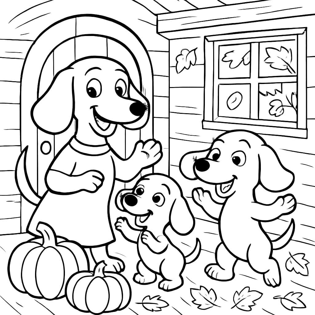 Maderhunde dans une petite maison confortable en automne avec des citrouilles et des feuilles