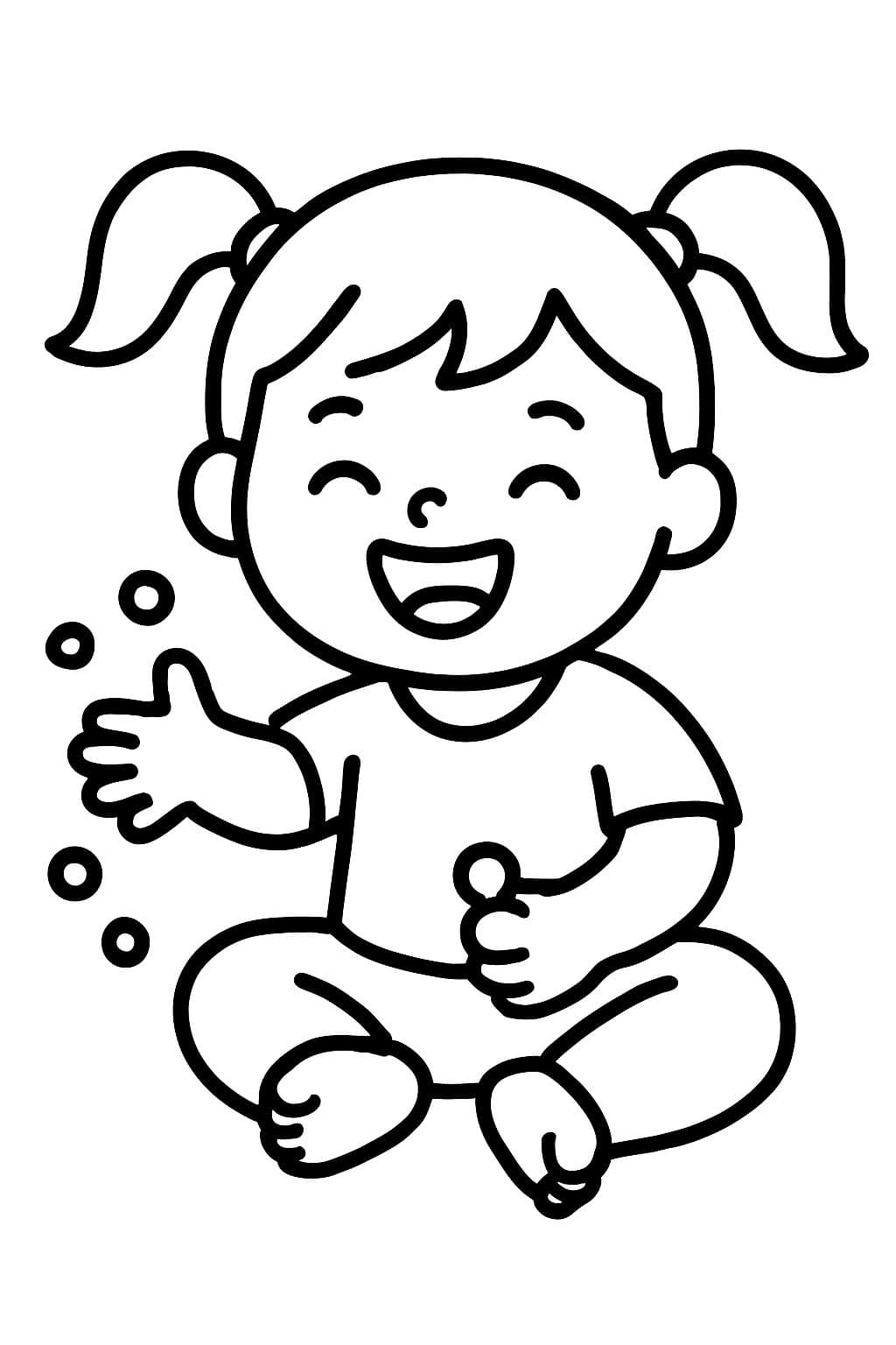 Baby mit zwei Zöpfen, der Essen wirft, lacht und spielt