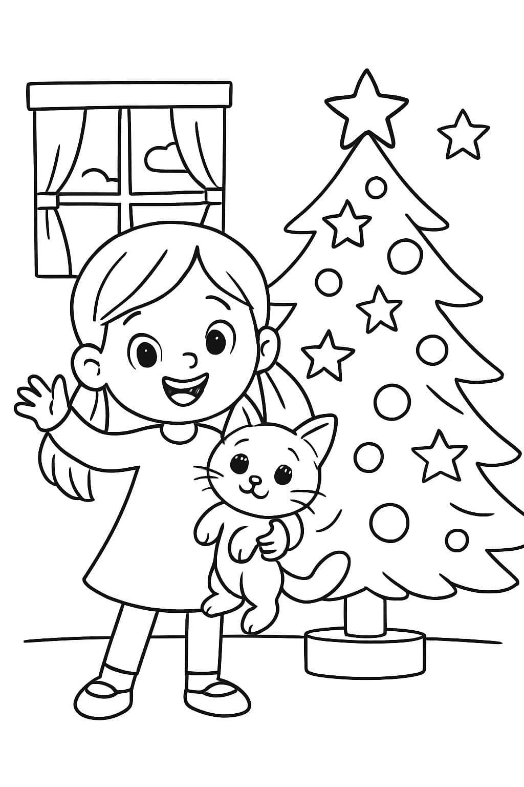 6-jähriges blondes Mädchen mit einem Kätzchen und einem Weihnachtsbaum