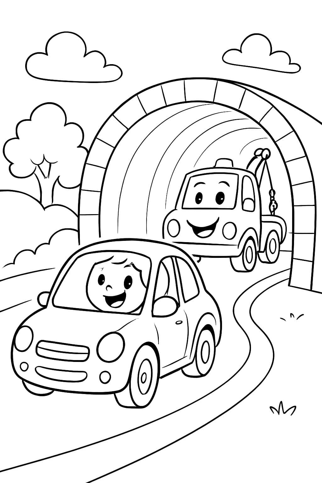 Une voiture roulant dans un tunnel et il y a un dépanneuse dans le tunnel.
