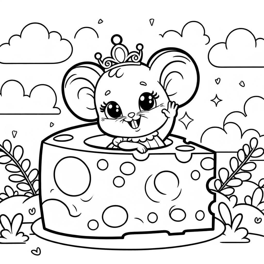 Una princesa ratona asomándose de un trozo de queso.