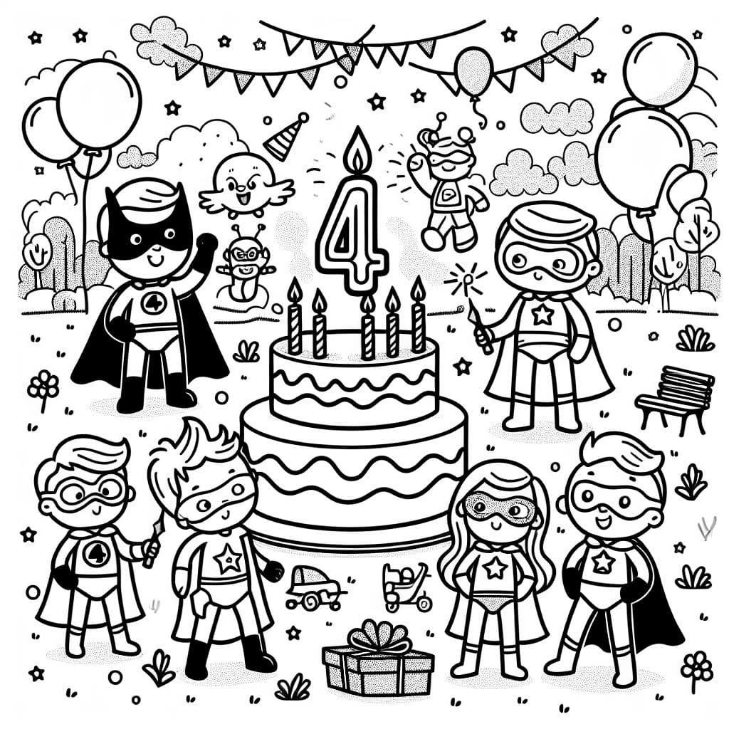 Des super-héros célèbrent un anniversaire de 4 ans avec des jeux, du gâteau et beaucoup de plaisir.