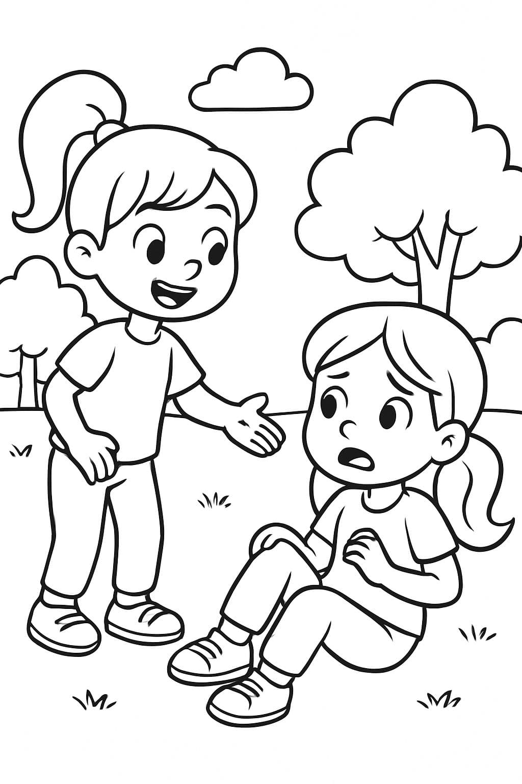 A 6 year old girl with a ponytail, pants, and a t-shirt asking a girl that tripped and fell if she is okay.