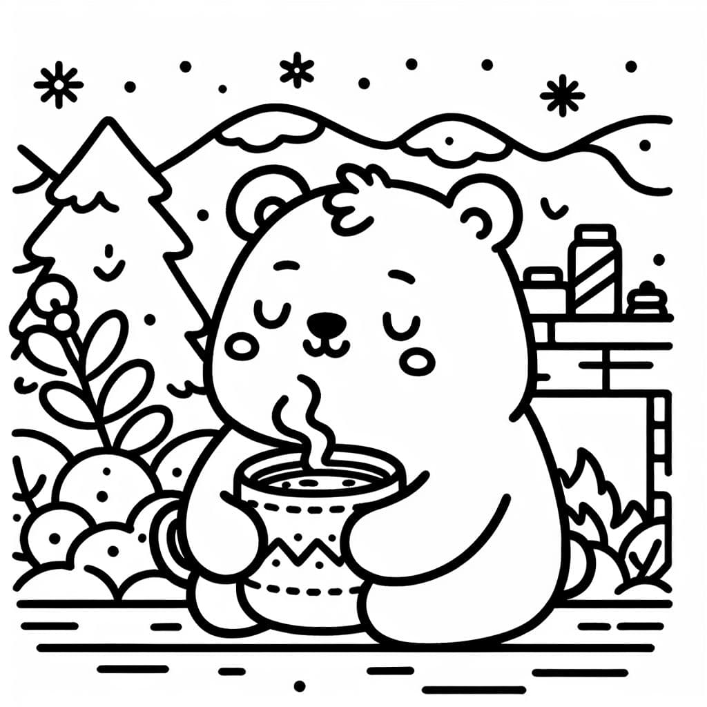 Scène confortable avec un ours sirotant du chocolat chaud.