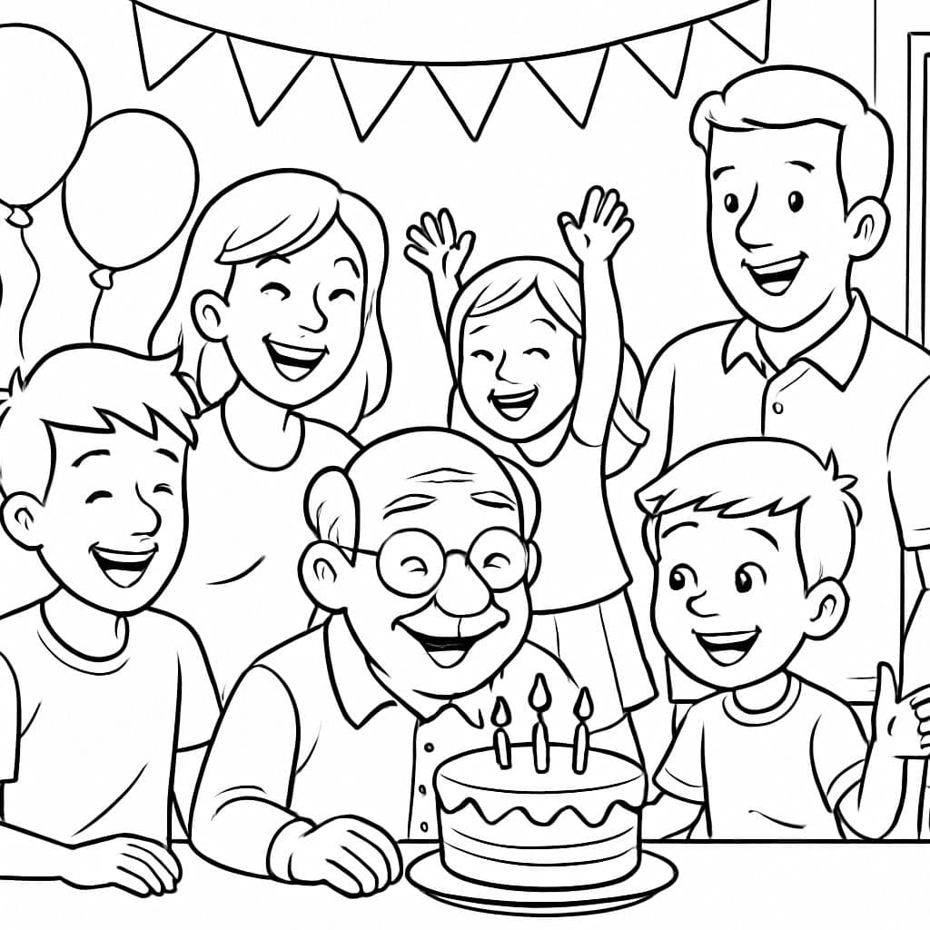 Jeune grand-père ayant un gâteau d'anniversaire avec ses 2 enfants adultes, 1 garçon et 1 fille, et ses 4 petits-enfants, 1 garçon adolescent et 2 filles et un garçon de 6 ans.