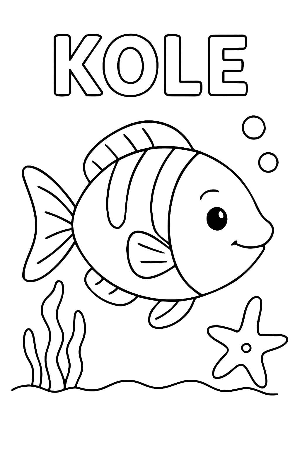 Page à colorier sur le thème des poissons avec le nom KOLE en haut.