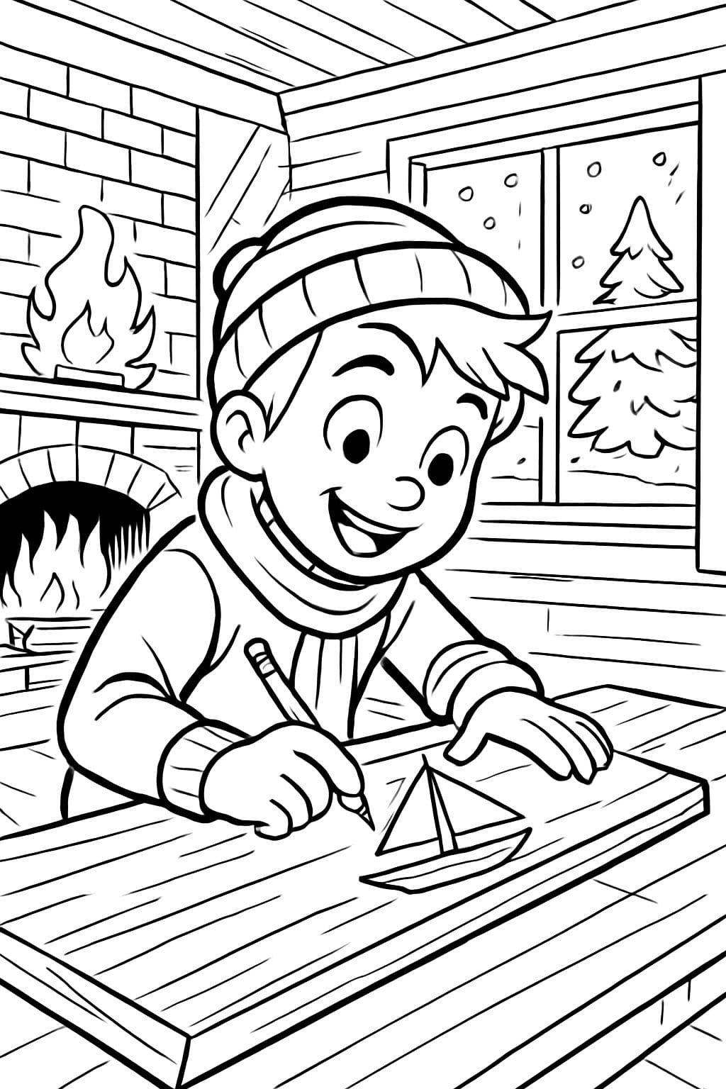 Niño dibujando en madera en su casa en invierno