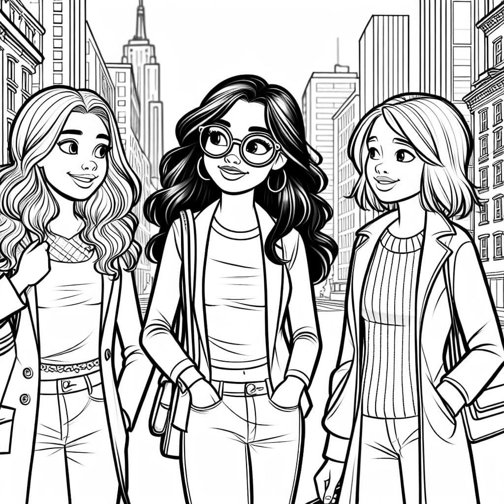 3 mujeres jóvenes están caminando por la ciudad y charlando. 2 mujeres con cabello largo y marrón, una con cabello rubio de longitud media y grandes gafas.