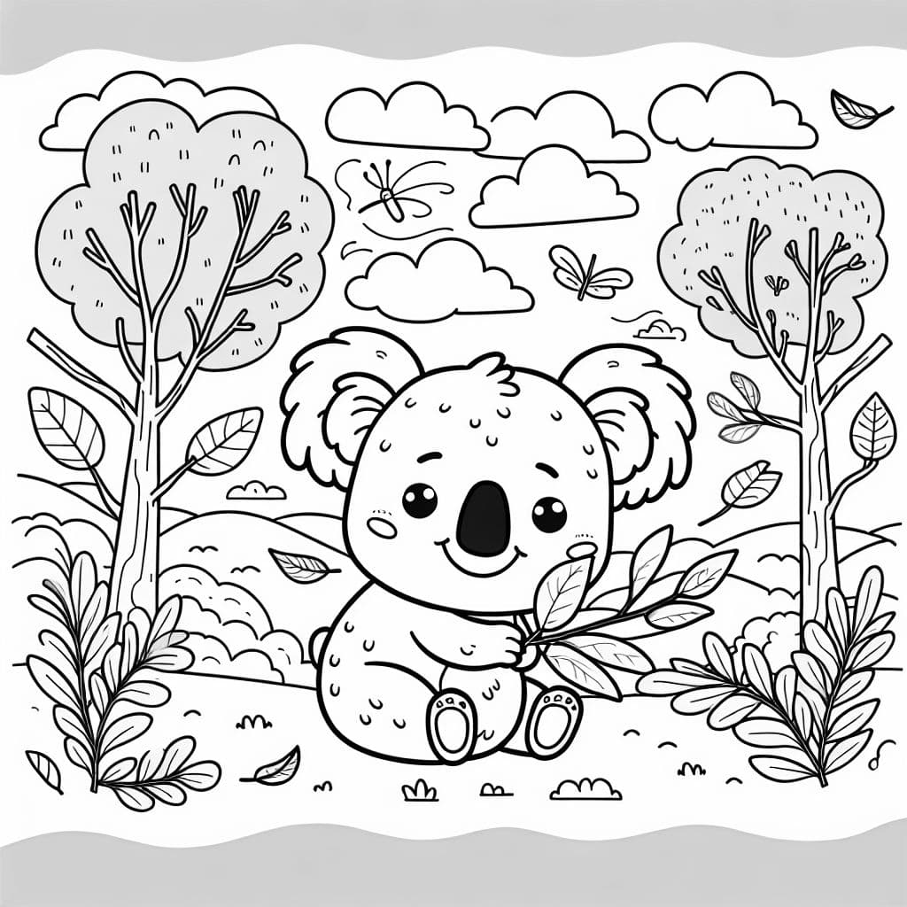 Un koala lindo sosteniendo una hoja de eucalipto.