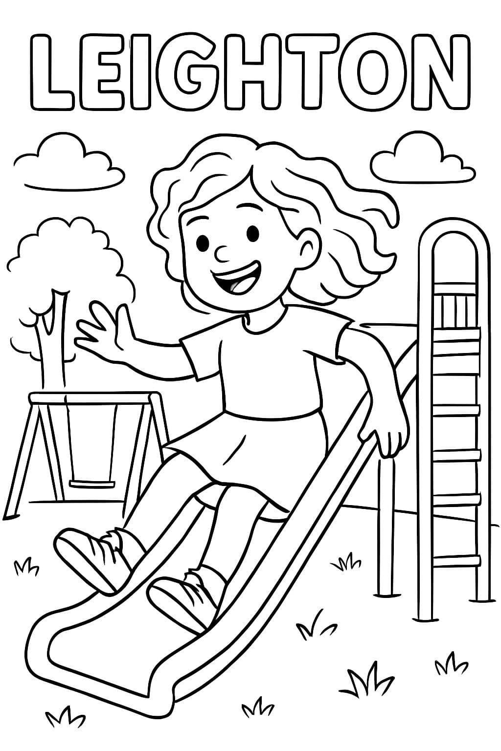 Ein Mädchen mit lockigem Haar, das auf dem Spielplatz spielt, mit dem Namen "Leighton" darüber.