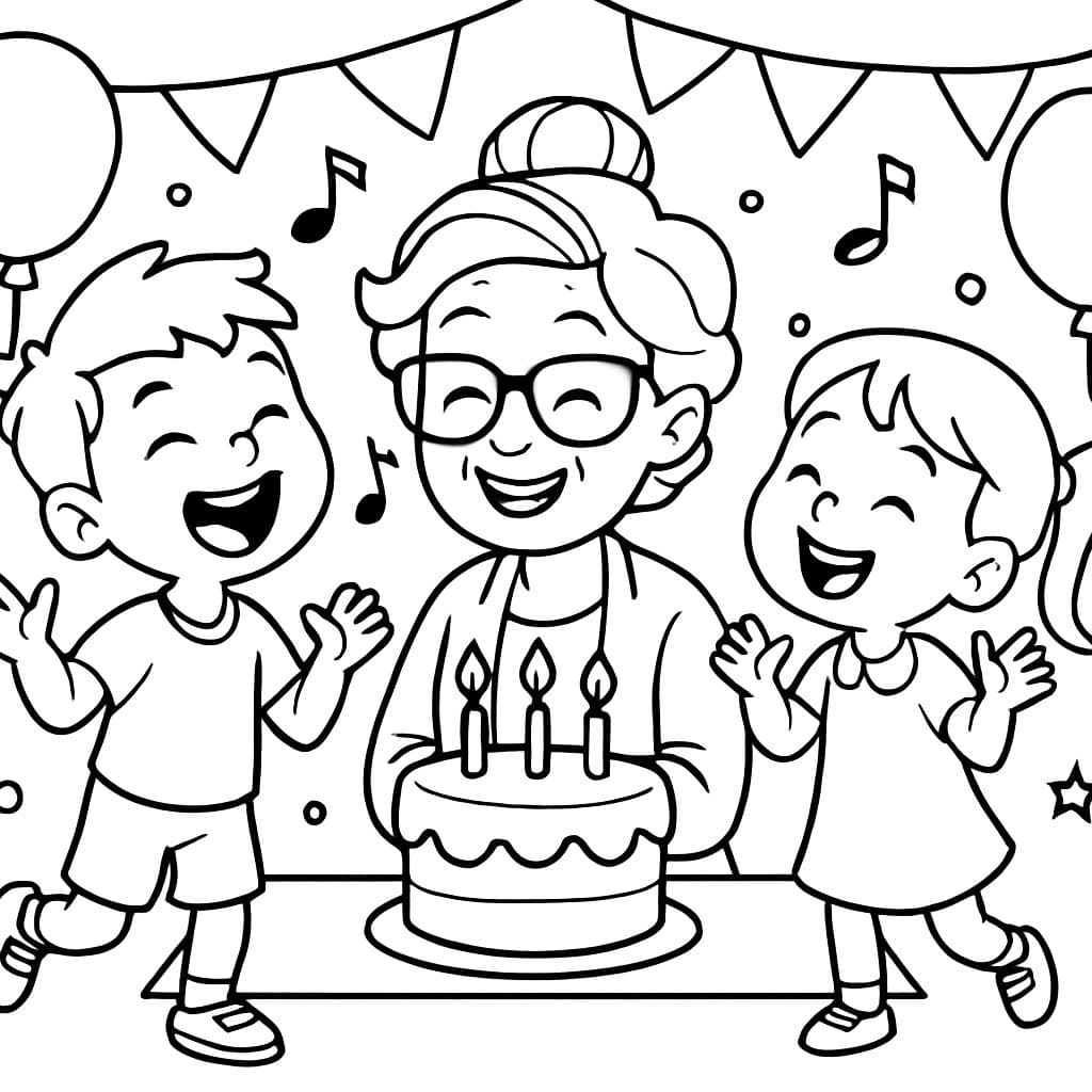 Ben, un niño de 6 años, y Claire, una niña de 4 años, cantando feliz cumpleaños a su abuela joven y genial.