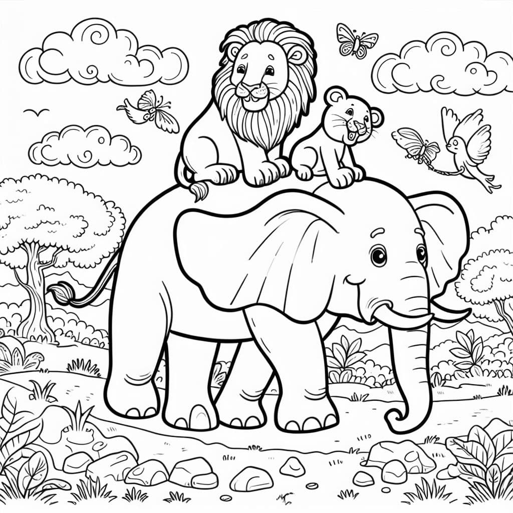 Uma representação colorida de leões sentados em um elefante. Perfeito para as crianças expressarem sua criatividade.
