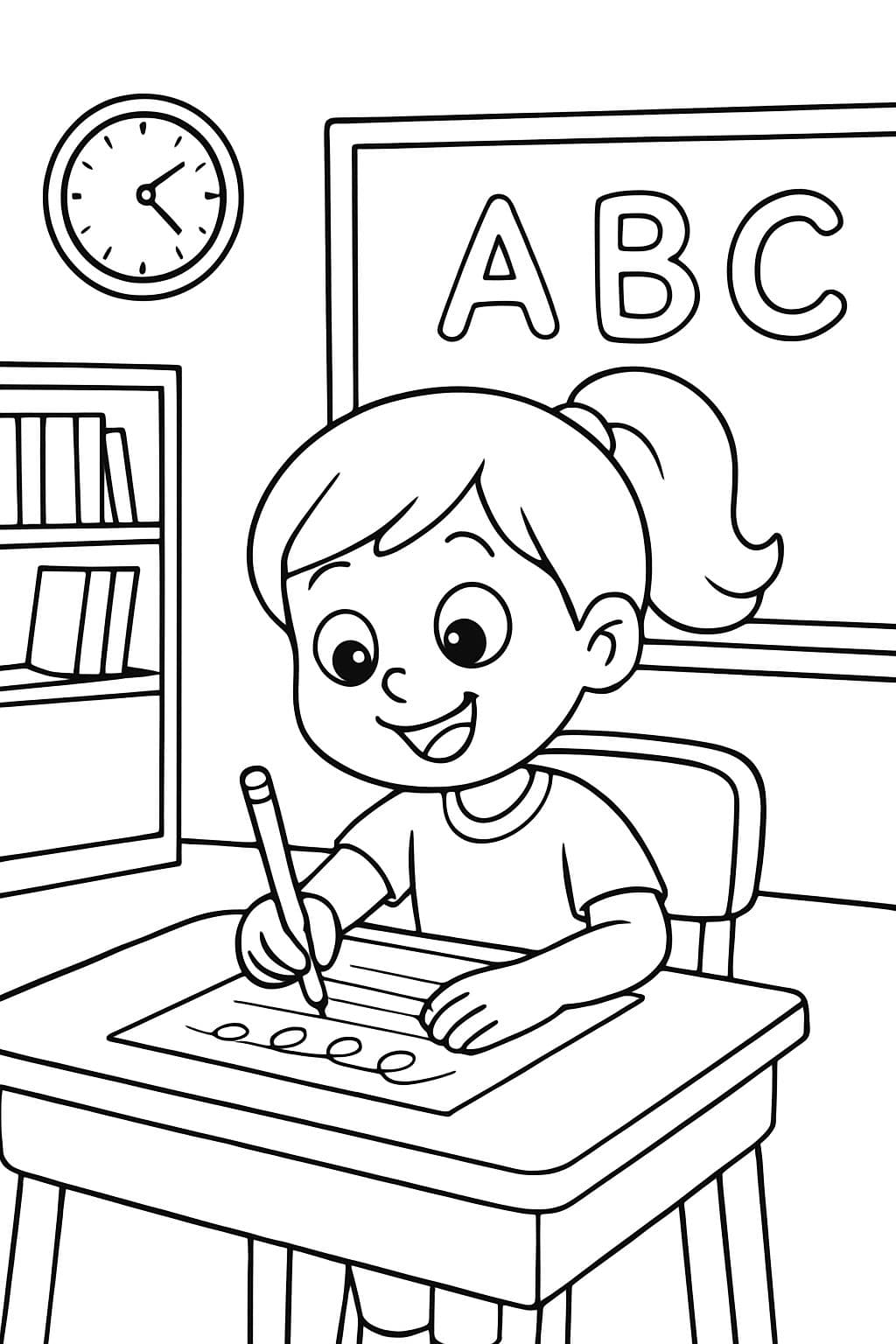 Ein Mädchenstudent übt ihr Schreiben im Unterricht.