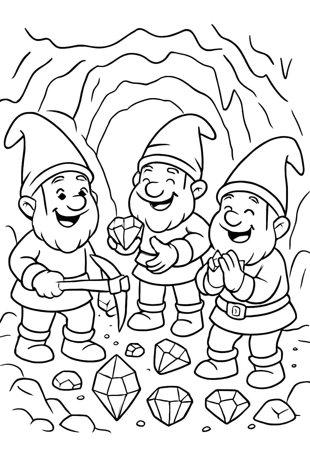 gnomos felices minando para piedras preciosas