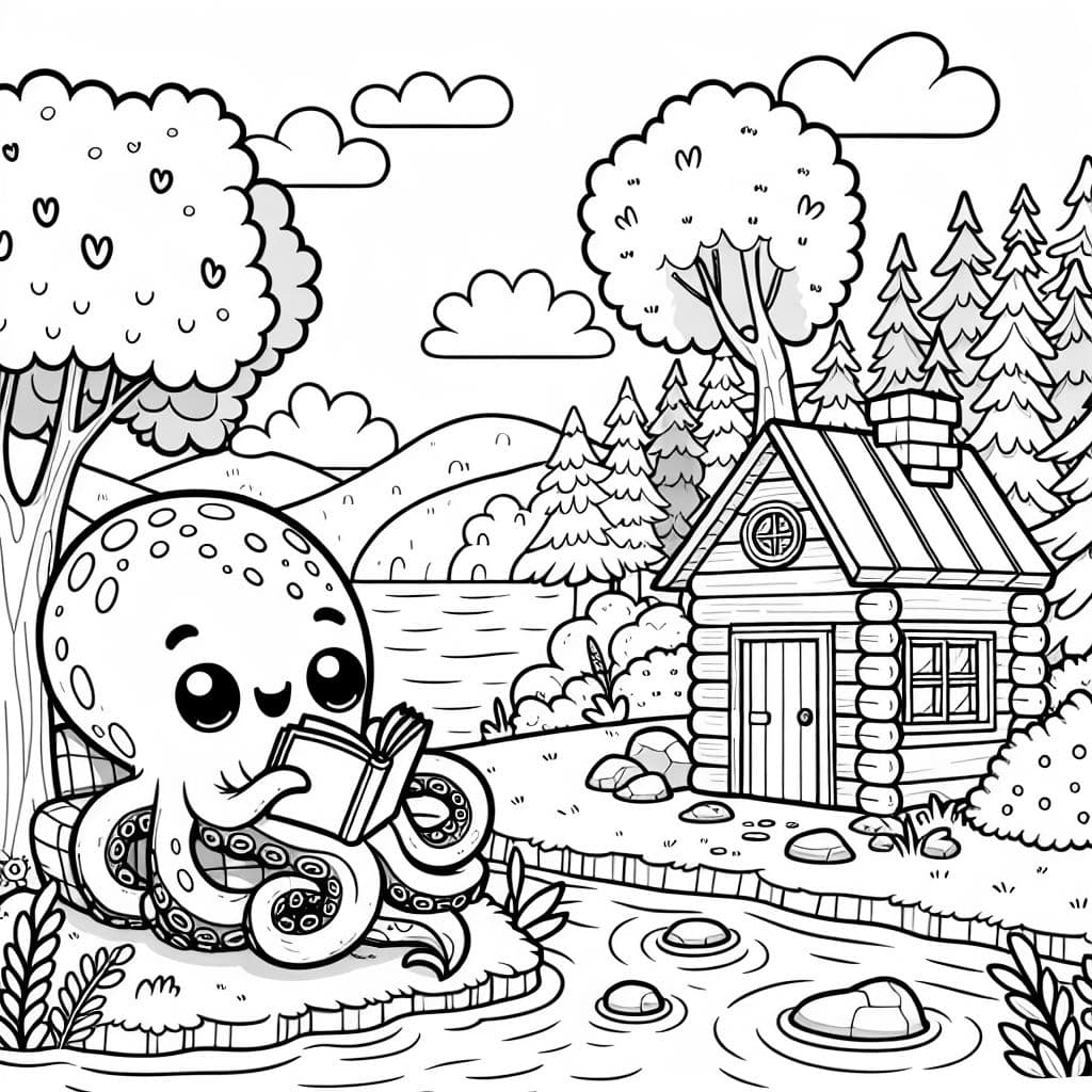 Un pulpo leyendo un libro en una cabaña junto al río.