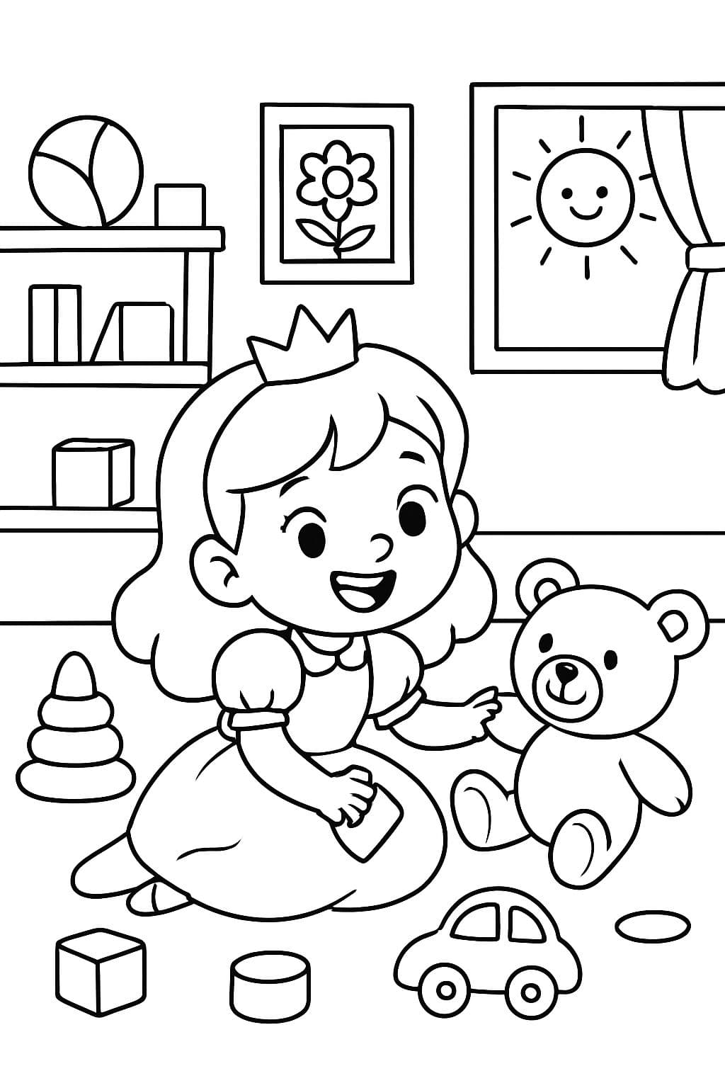 Princesa en la guardería jugando con juguetes