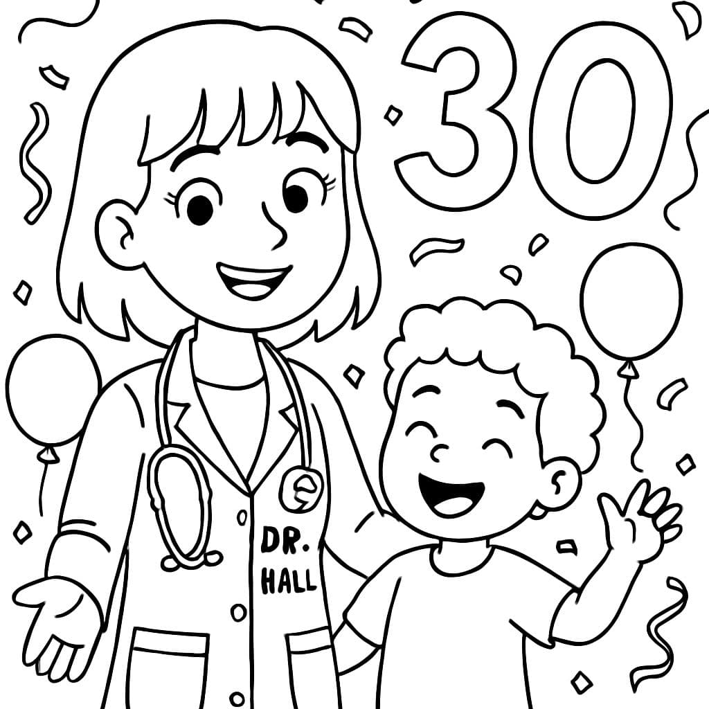 Pediatra mujer con flequillo y nombre de Dr. Hall y celebración del 30.º.