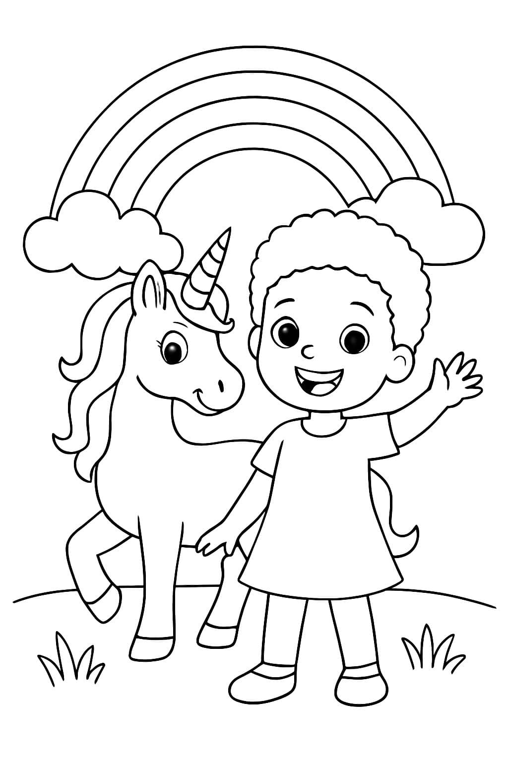 Ein fünfjähriges schwarzes Mädchen mit kurzem Haar, mit einem Einhorn und einem Regenbogen im Hintergrund.